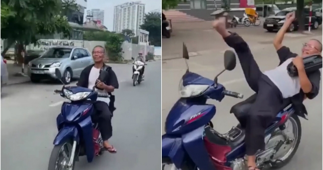 VIDEO: Người đàn ông lớn tuổi đi xe máy thả tay khiến CĐM bức xúc