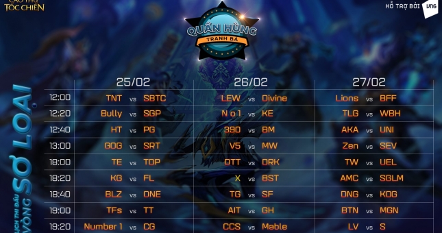 Lịch thi đấu Tốc Chiến - Quần Hùng Tranh Bá mới nhất