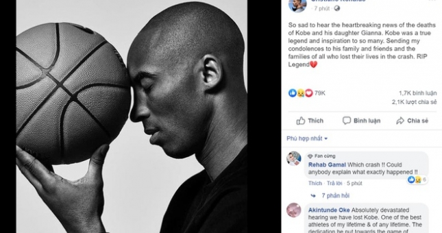 Ronaldo cùng nhiều ngôi sao bàng hoàng trước sự ra đi của Kobe Bryant