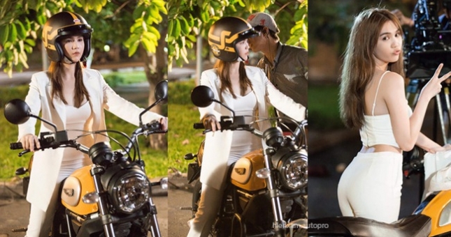Ngọc Trinh lộ ảnh chật vật tập lái Ducati Scrambler