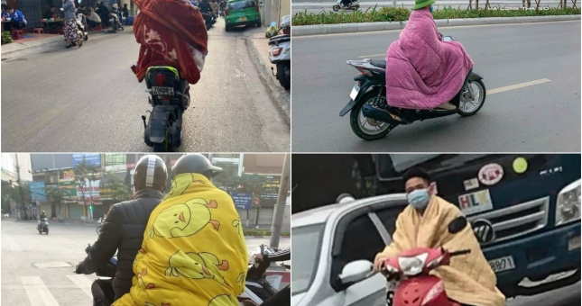 Hình ảnh người dân 'chùm chăn' kín mít, lái xe trên đường