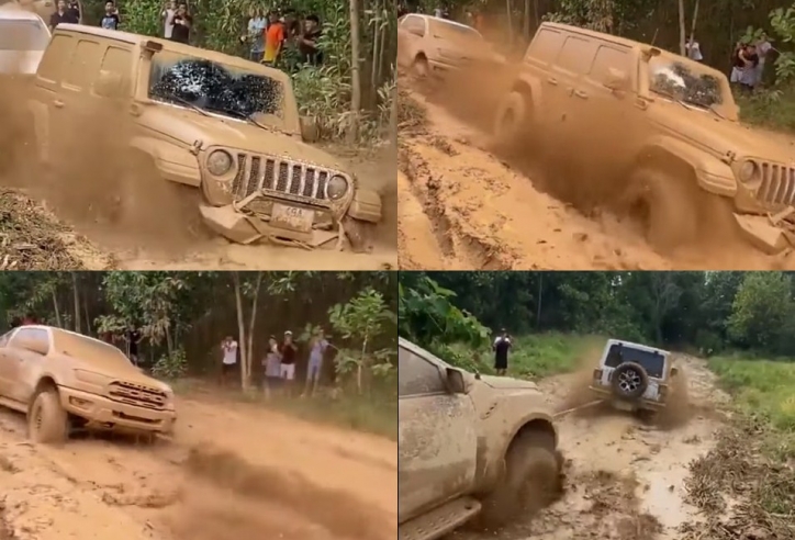 VIDEO: 'Vua bán tải' Ford Ranger bất lực để xe Jeep kéo qua vùng bùn lầy