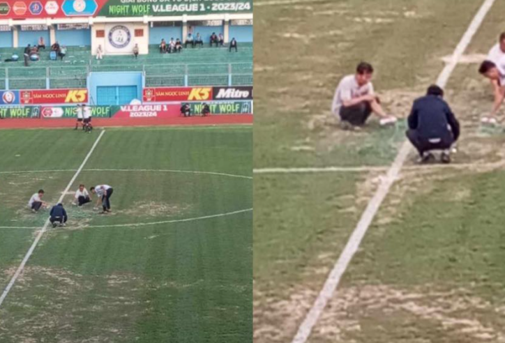 Độc lạ V-League: BTC phun sơn lên mặt cỏ ngay trước giờ thi đấu