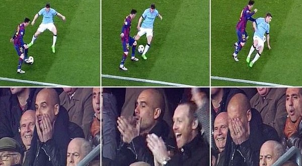 Guardiola ôm mặt khi xem Messi xỏ háng cầu thủ Man City