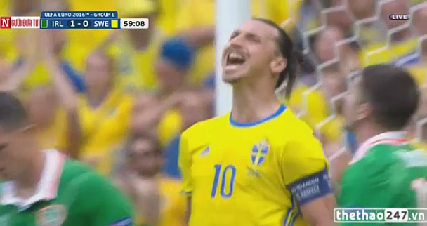 VIDEO: Pha hỏng ăn đáng tiếc của Ibrahimovic trước CH Ireland