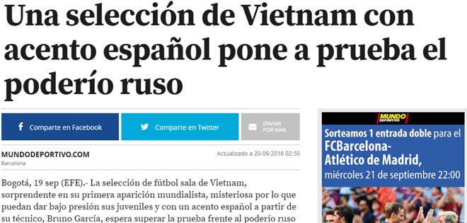 Báo Tây Ban Nha tin futsal Việt Nam có thể gây sốc trước Nga