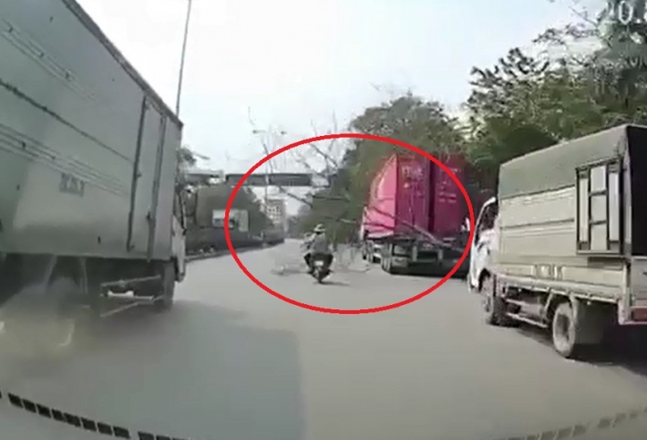VIDEO: Hai người đi xe máy bị cây đổ trúng người cực nguy hiểm