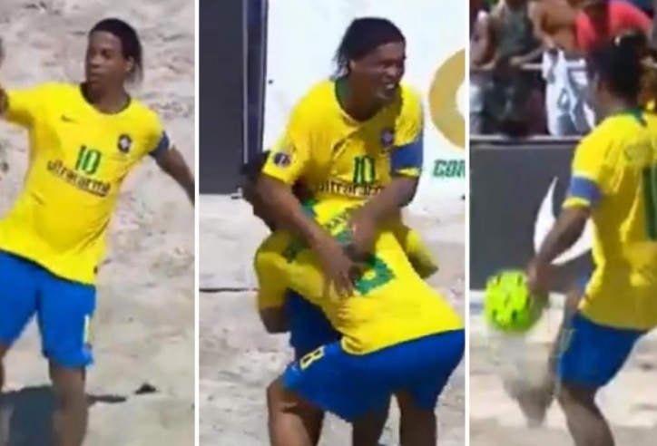 VIDEO: Ronaldinho vô-lê lập siêu phẩm trên sân bóng bãi biển