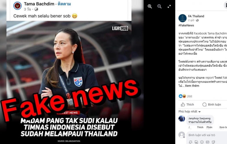 LĐBĐ Thái Lan đính chính tin giả gây chia rẽ quan hệ với Indonesia