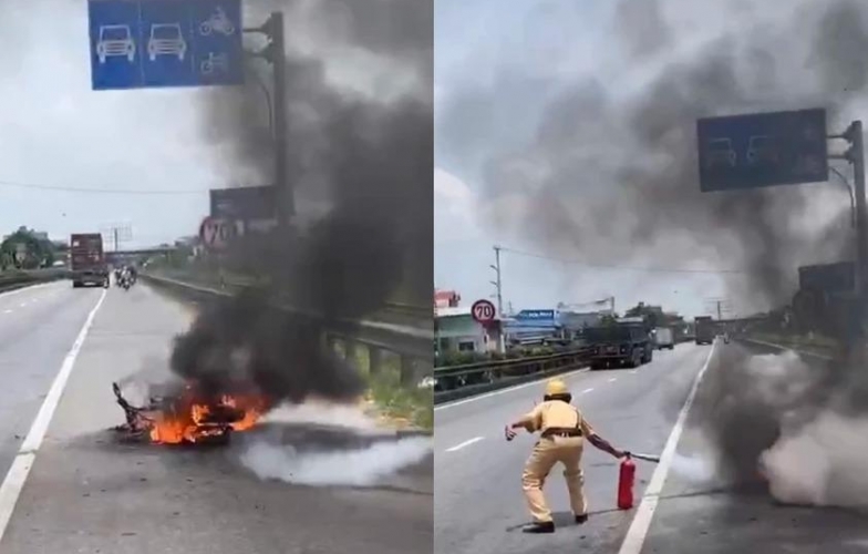 Xe máy điện bỗng dưng bốc cháy khi đang lưu thông trên Quốc lộ 5