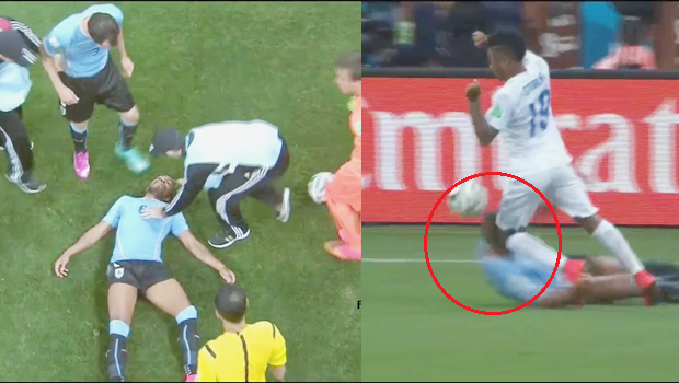 Video World Cup 2014: Hậu vệ Uruguay bất tỉnh sau pha va chạm với Sterling