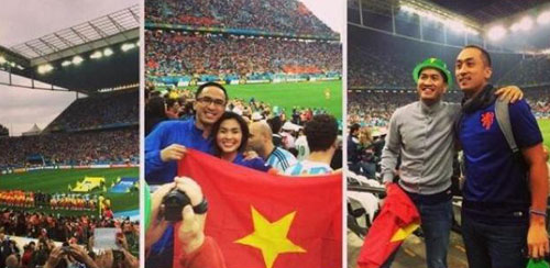 Vợ chồng Tăng Thanh Hà cùng cờ Việt Nam bay trên khán đài World Cup