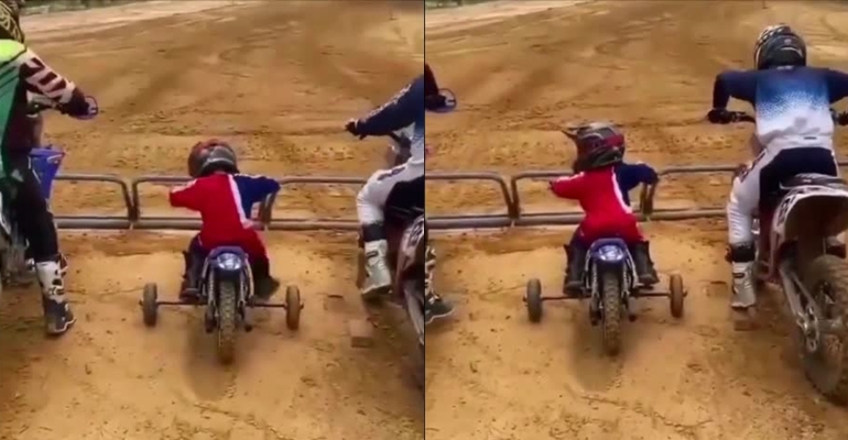 VIDEO: Cậu bé đi xe cút kít đua với mô tô phân khối lớn