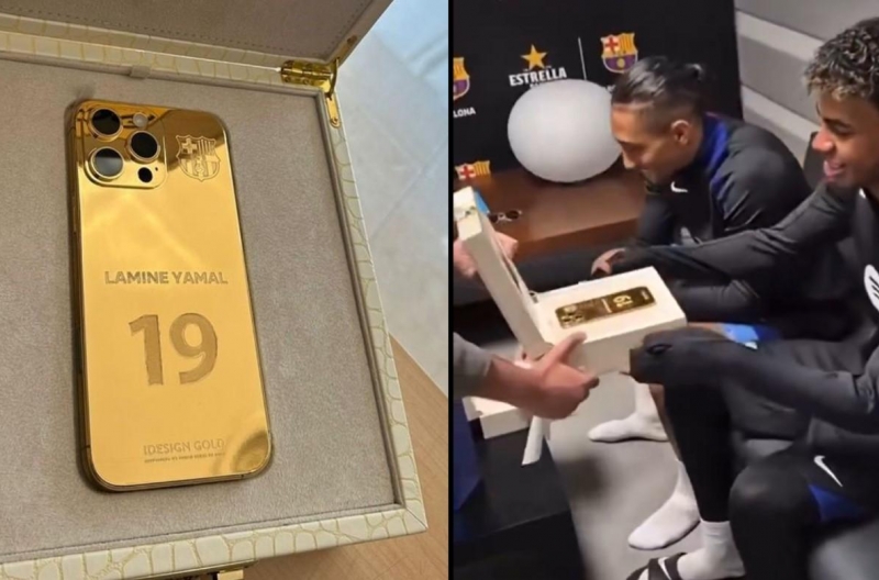 Học Messi, Raphinha tặng Yamal iPhone vàng nguyên khối