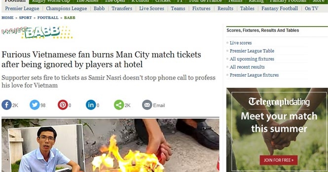 Báo Anh 'sốt' vì vụ CĐV Việt Nam đốt vé trận gặp Man City