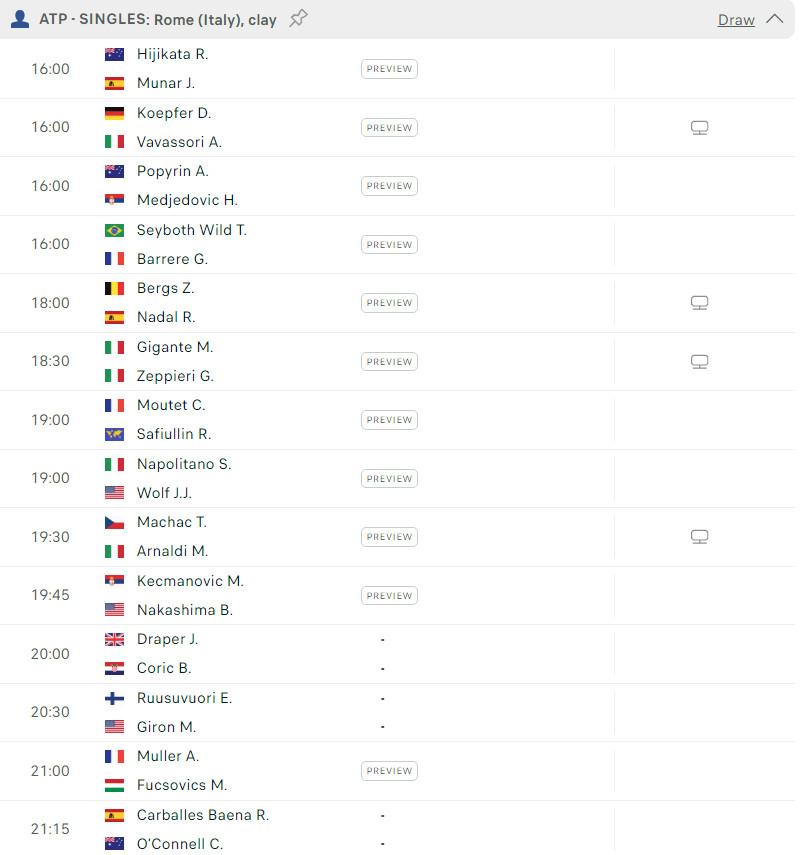 Lịch thi đấu tennis 9/5: Nadal ra quân tại Rome Masters 2024 458958
