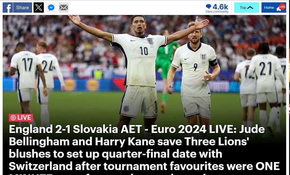 Báo Anh hú vía trước thắng lợi nhọc nhằn của đội nhà vòng 1/8 Euro 2024 490386
