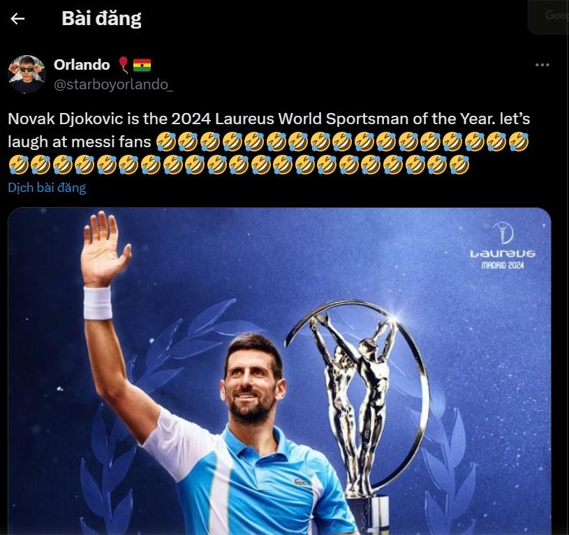 'Cướp bất thành' - Fan chế nhạo Messi sau khi Djokovic đoạt giải 449588