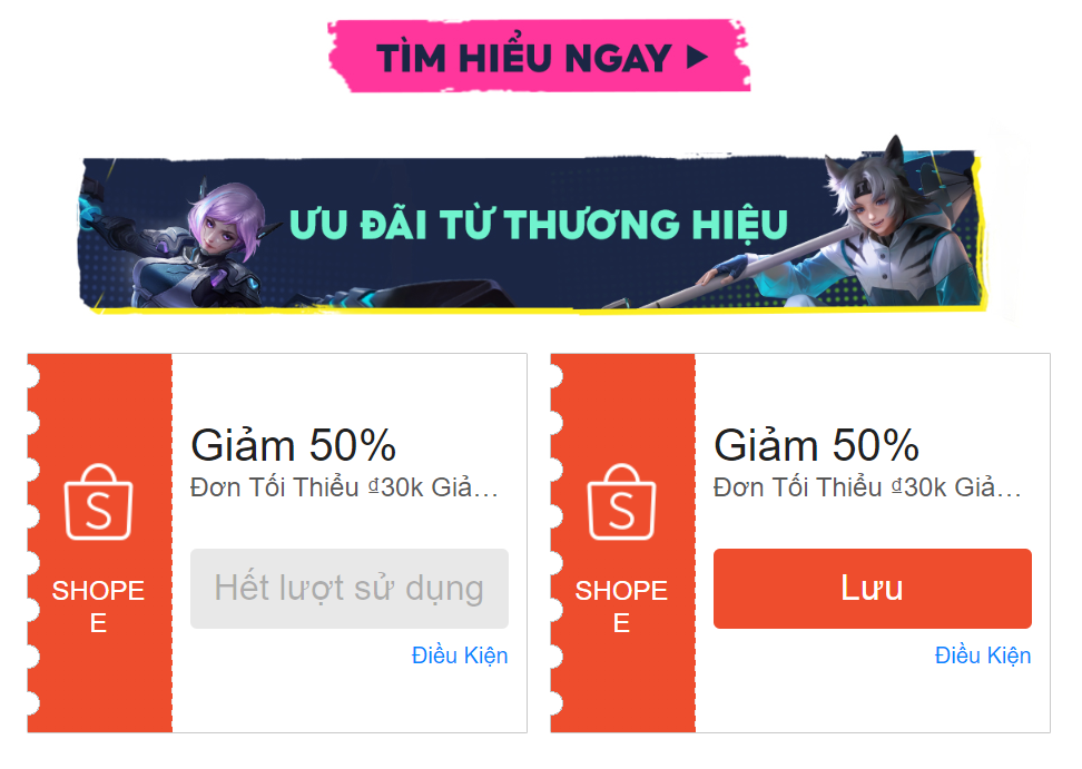 Game thủ Liên Quân sẽ nhận được mã giảm giá khi mua một số sản phẩm trên Shopee