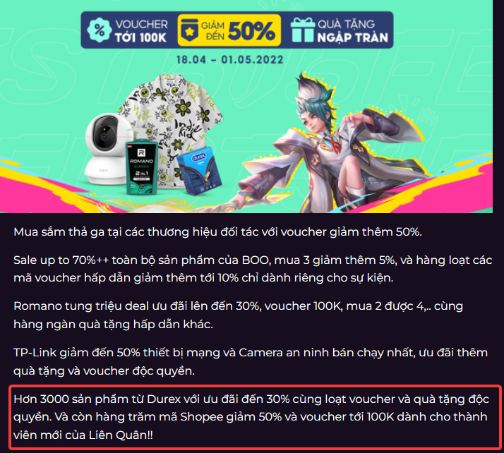 Liên Quân Mobile hợp tác với nhãn hàng Durex để cung cấp voucher giảm giá cho hơn 3000 sản phẩm