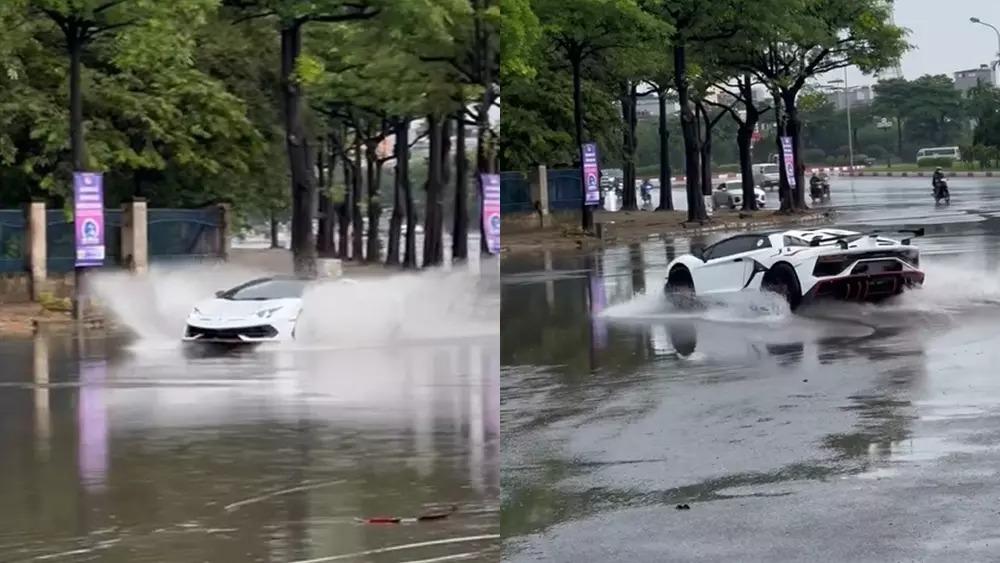 Sau cơn mưa lớn, đại gia 9x lái siêu xe Lamborghini Aventador mui trần độ SVJ ra đường để 'nghịch nước' 492902