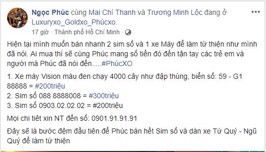 Phúc XO, Phúc XO bán Vision biển ngũ quý 8, Phúc XO bán xe làm từ thiện,