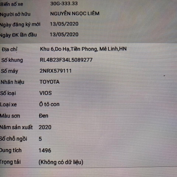 Thông tin đăng ký chiếc Toyota Vios ngũ quý 3.