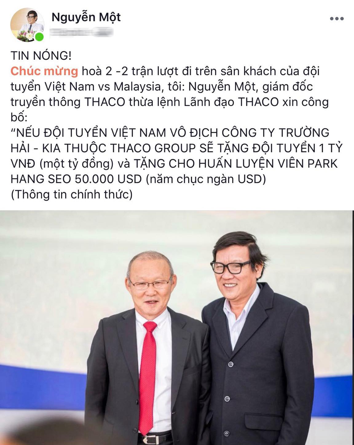thaco, park hang seo, 1 tỷ đồng