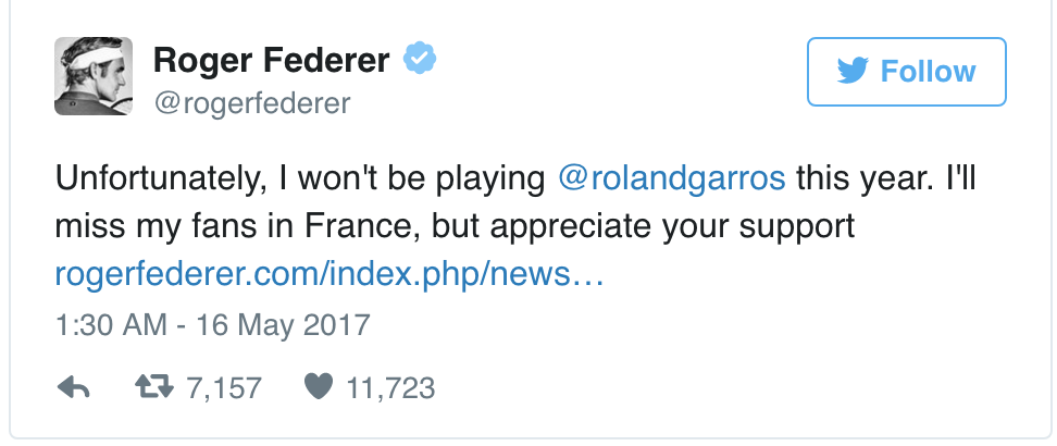 Roger Federer chia se tren Twitter