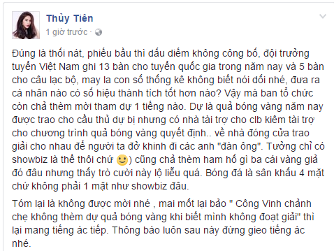 Thủy Tiên bức xúc vì BTC không mời Công Vinh tham dự lễ trao giải QBV 2016