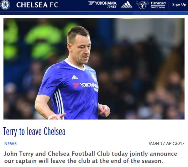 Chelsea thông báo chia tay John Terry vào cuối mùa giải