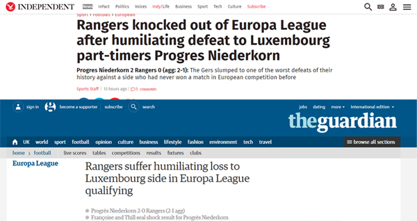Các báo dùng từ 'nhục nhã' để nói về thất bại của Rangers