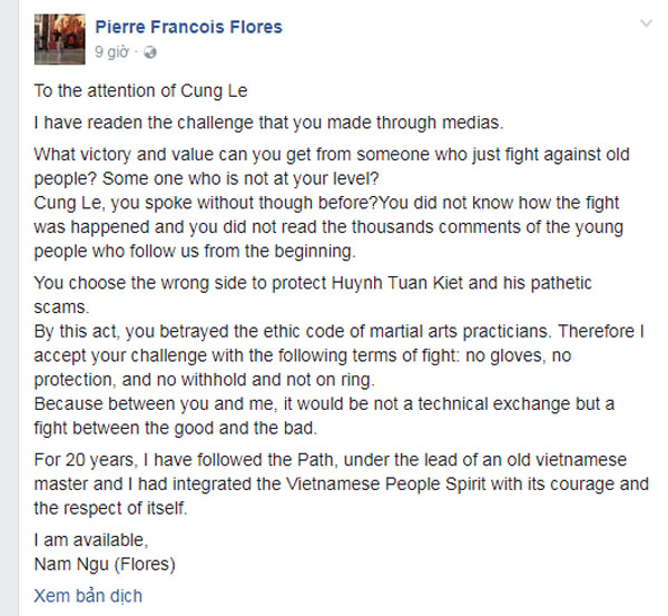Lời thách đấu của Flores với Cung Lên đăng trên trang cá nhân