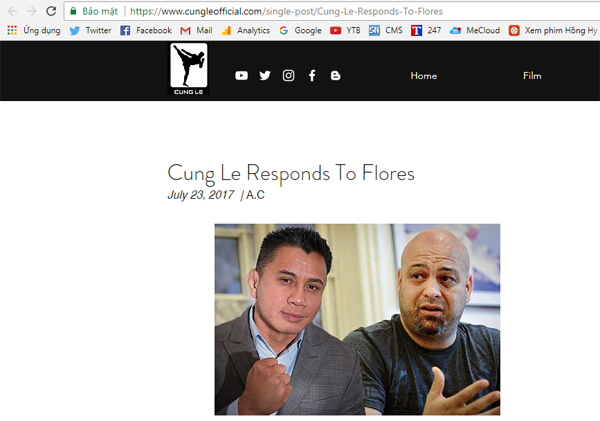 Cung Lê đáp trả mạnh mẽ ông Flores trên trang web chính thức của mình. Ảnh chụp màn hình