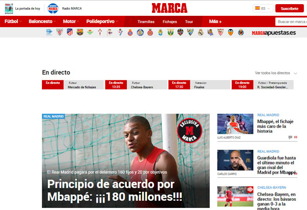 Tờ Marca đưa tin về Mbappe trên trang chủ