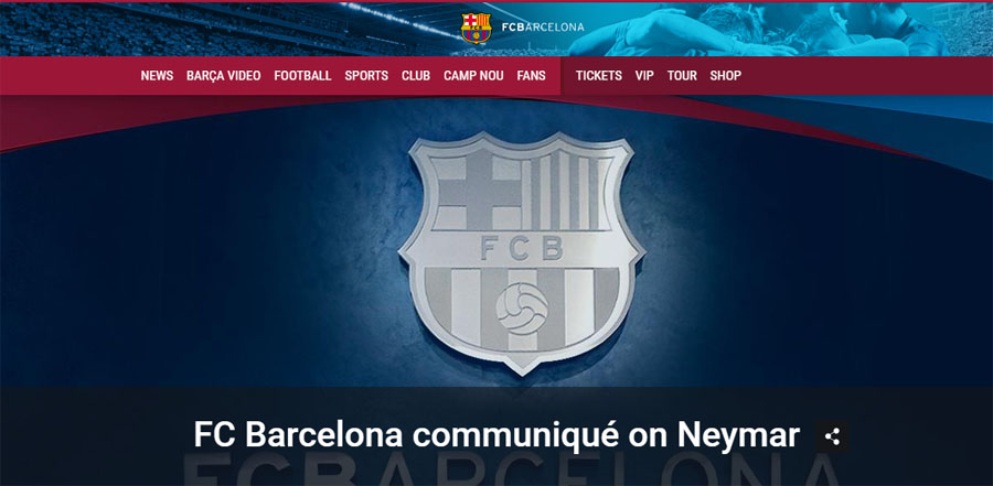 Trang chủ Barca thông báo về vụ việc Neymar. Ảnh chụp màn hình