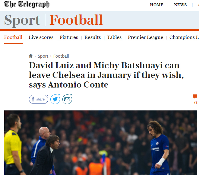 Nhật báo uy tín Telegraph đưa tin về việc HLV Conte đã sẵn sàng chia tay Luiz và Batshuayi