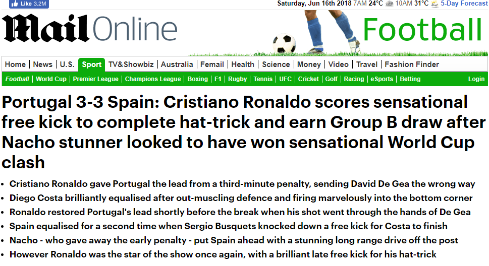 Bồ Đào Nha 3-3 Tây Ban Nha, Ronaldo lập hattrick, World Cup, tin tức World Cup