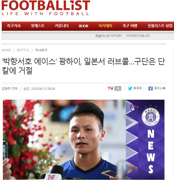bóng đá Việt Nam, V-League, tin tức V-League, Quang Hải, Hà Nội, báo Hàn Quốc