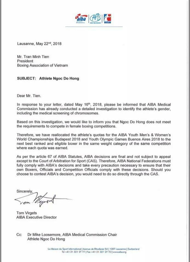 Nội dung bức thư AIBA gửi tới Liên đoàn Quyền Anh Việt Nam được lan truyền. nghi vấn nữ á quân thế giới là nam, đỗ hồng ngọc boxing,