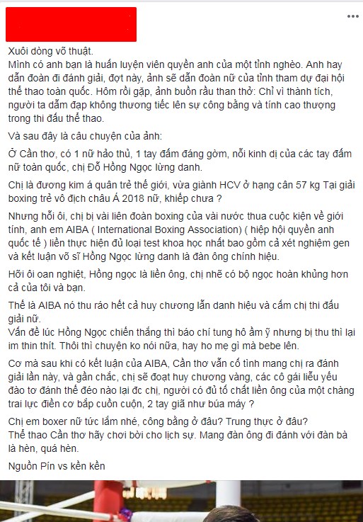 Bài post gây sự chú ý từ cộng đồng thể thao đối kháng Việt Nam. nghi vấn nữ á quân thế giới là nam, đỗ hồng ngọc boxing,