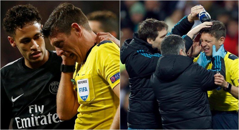 Neymar chuyền bóng trúng mặt trọng tài người Italy real vs psg, neymar, trong tai, neymar sut bong trong tai
