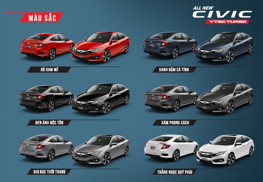 Honda Civic 2020 có 6 màu xe: Đỏ, Xanh đậm, Đen ánh, Xám, Ghi bạc, Trắng ngọc.