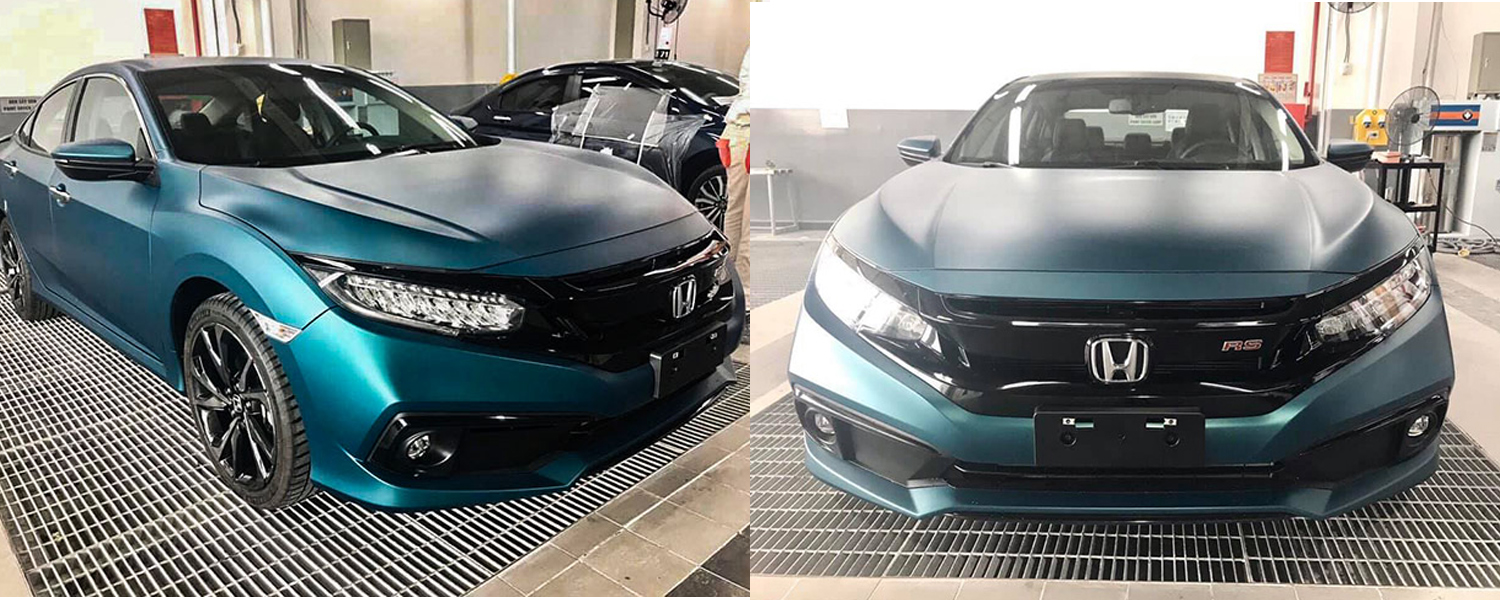 Mặt trước và má bên của chiếc Honda Civic RS màu xanh ngọc nhám