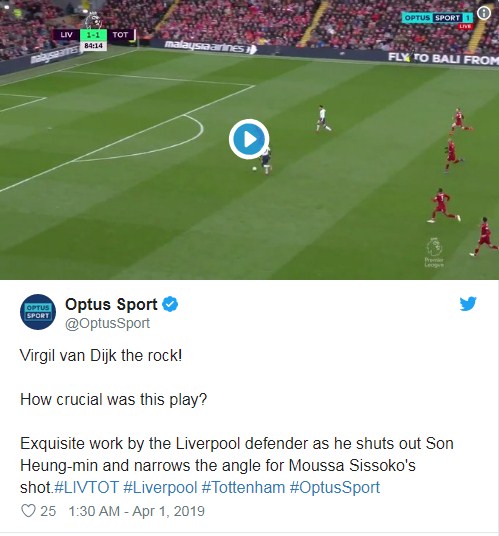 Liverpool vs Tottenham, Liverpool 2-1 Tottenham, Van Dijk phòng ngự thông minh, Van Dijk phòng ngự