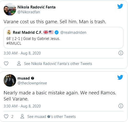Mắc lỗi trực tiếp dẫn tới thất bại của Real Madrid, Varane đã nhận làn sóng chỉ trích lớn, thậm chí nhiều CĐV còn đòi trừng phạt anh ngay trong đêm sau khi kết thúc trận đấu.