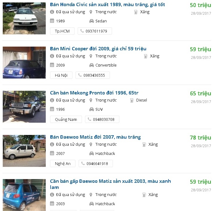Loạt xe ô tô giá trên dưới 50 triệu đồng được rao bán trên mạng.
