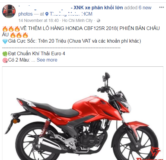Thông tin về mẫu Honda CBF125r 2018 trên fanpage của một đại lý xe máy