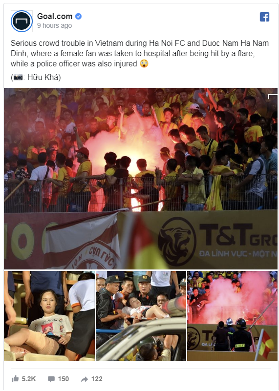 Hà Nội FC 6-1 Nam Định, V-League 2019, pháo sáng, CĐV nữ cấp cứu, CĐV Nam Định