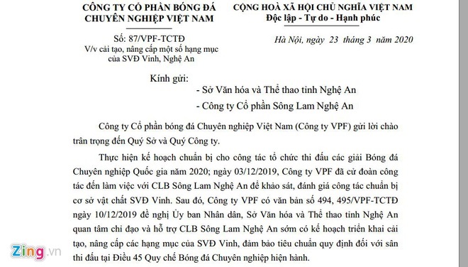 VPF yeu cau SLNA cai tao san Vinh